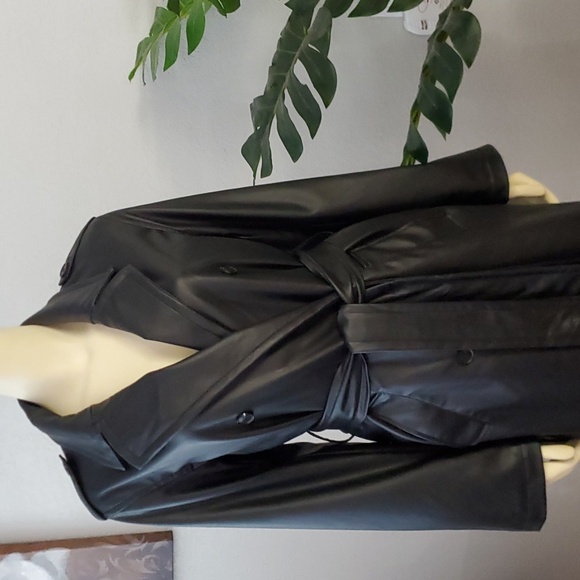 Black Faux Vegan Leather long belted Trench Coat S womens - Picture 10 of 13